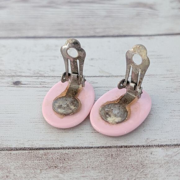 Vintage Clip On Earrings Woodgrain Pattern Oval - Tarnished Clips - Picture 5 of 7